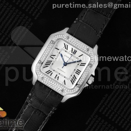 3K공장 까르띠에 산토스 미디움 35 스틸 다이아몬드베젤 화이트다이얼 가죽스트랩 Santos de Cartier 35mm 3KF 1:1 Best Edition White Dial Diamonds Bezel on Black Leather Strap MIYOTA 9015