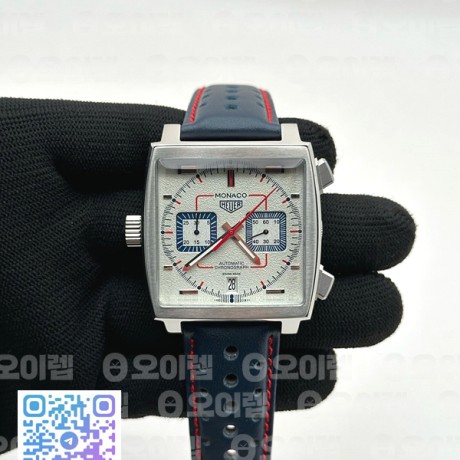 태그 모나코 쿼츠 그레이다이얼 가죽스트랩 Tag Monaco Chronograph SS/LE Silver Grey Jap VK64A