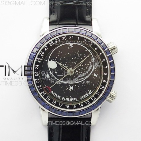 3E공장 파텍필립 6104P 문 블루다이아몬드배젤 블랙다이얼 블랙가죽스트랩 6104P Moon SS 3EF Best Edition Black Dial Blue T Diamond Bezel on Black Leather Strap A240