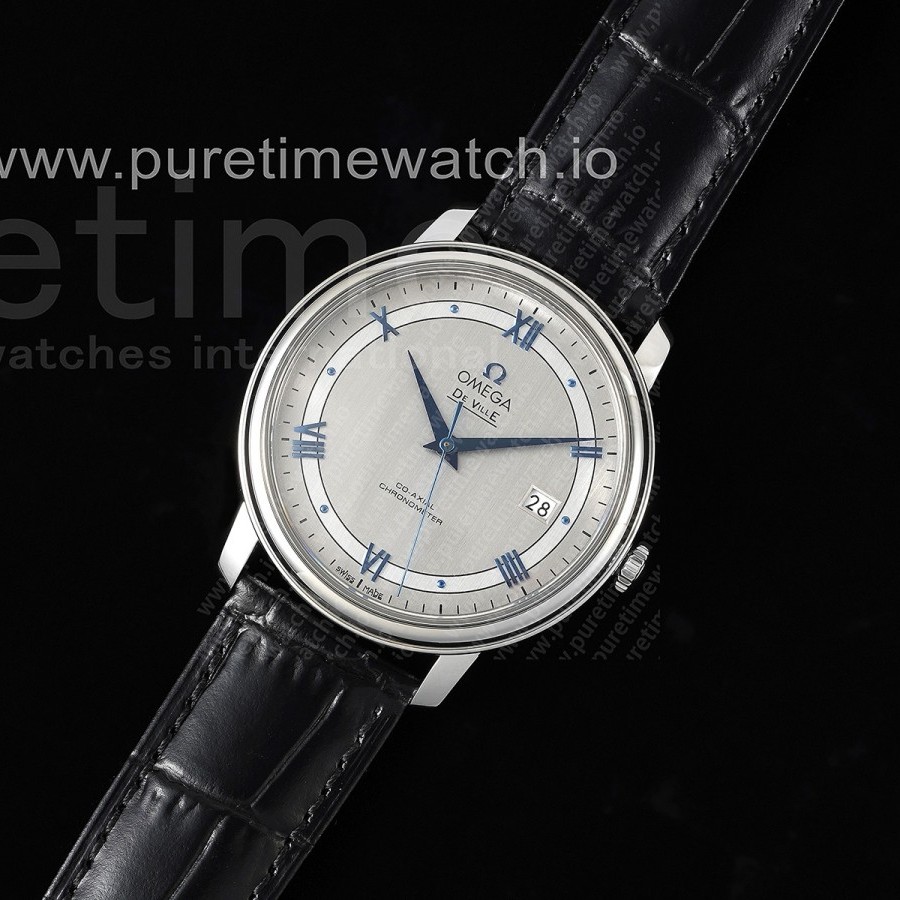TWS공장 오메가 드 빌 스틸 실버텍스쳐다이얼 블루인덱스 가죽스트랩 De Ville SS TWF 1:1 Best Edition Gray Dial Blue Markers on Black Leather Strap MIYOTA 9015
